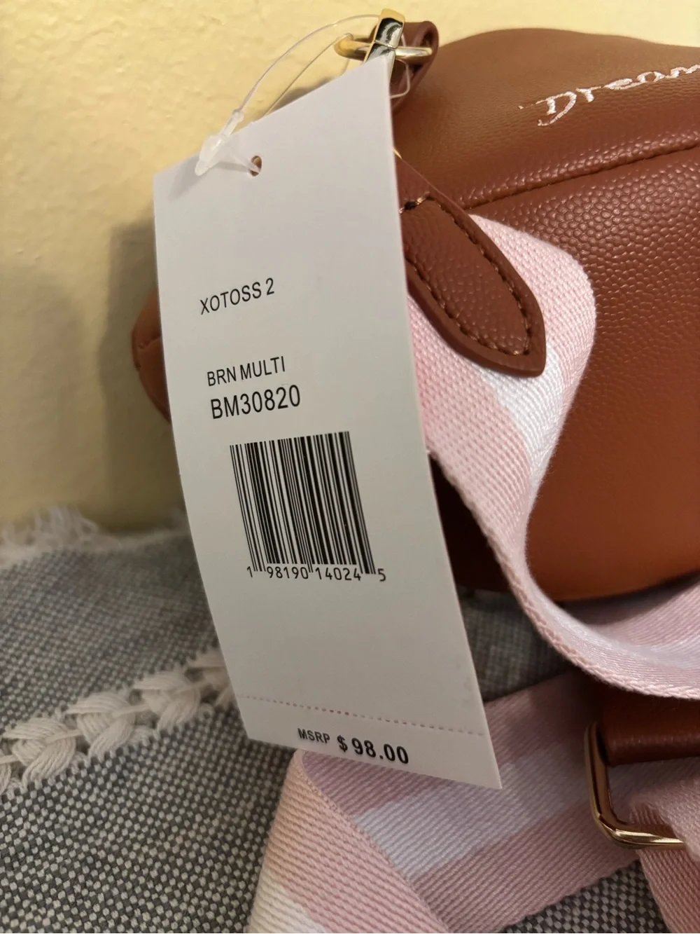 Betsey Johnson Brown & Pink Football Crossbody with Pink Striped Strap and Charm